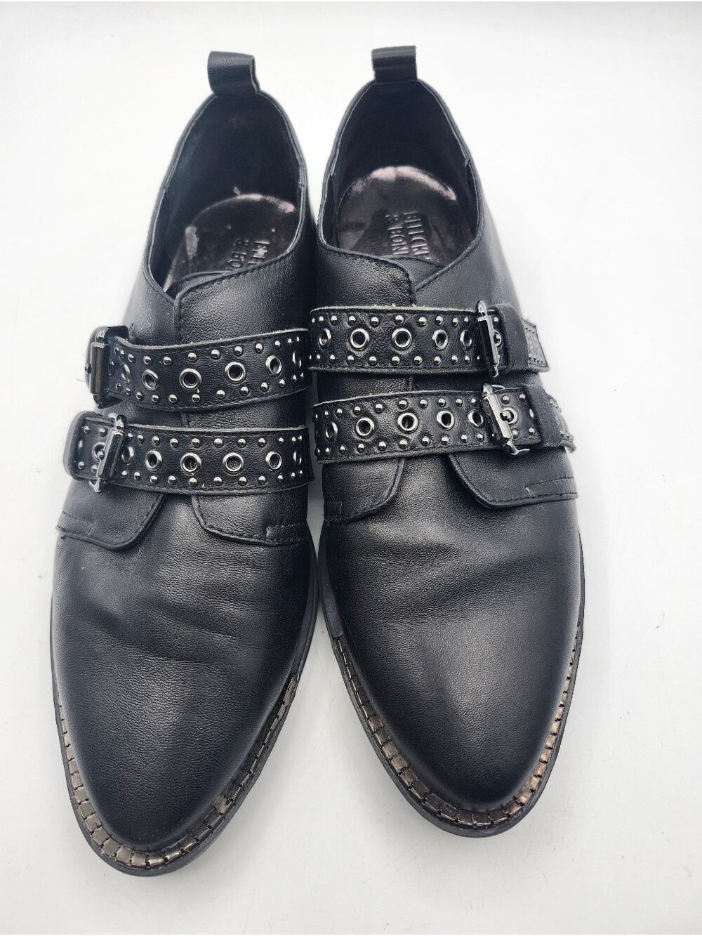 Bleecker & Bond Black Leather Double-Strap Studded Loafers